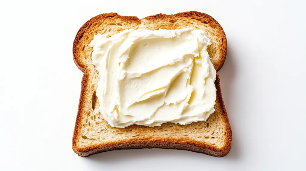 A single slice of toasted bread sits on a white background, topped with a generous amount of creamy spread. The spread is spread evenly and creates a smooth, white surface. The toasted bread is golden brown and has a crispy texture. The simple image depicts a classic and comforting breakfast or snack.