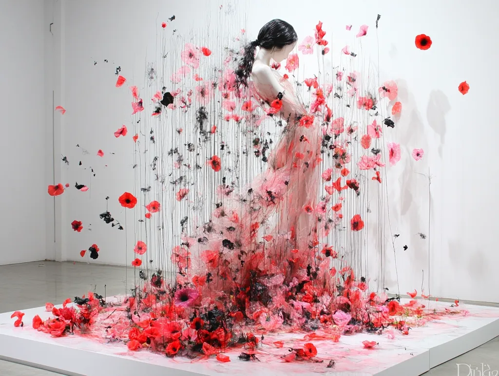 A female mannequin is enveloped in a cascading waterfall of red poppies. The flowers are made of delicate fabric and wire, falling from the ceiling in a swirling, chaotic display. The mannequin's white dress blends with the petals, creating a surreal and ethereal scene. The piece appears to be an art installation, emphasizing the beauty and fragility of life.