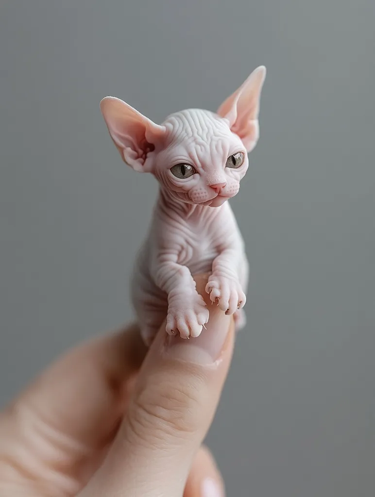 A tiny, hairless Sphynx kitten, with large, bright green eyes, sits perched on a human finger. The kitten's wrinkled skin and delicate features give it a whimsical appearance. The background is a plain grey, allowing the kitten to stand out.  The image captures the kitten's playful and curious nature.