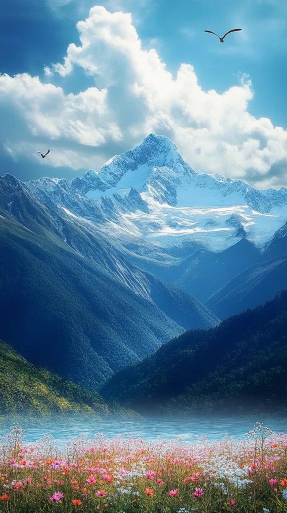 The image depicts a majestic mountain range with snow-capped peaks, set against a backdrop of a clear blue sky dotted with fluffy clouds. Two birds soar through the air, their wings catching the light. The mountains cascade down into a valley where a serene lake mirrors the sky.  A vibrant field of wildflowers bloom in the foreground, adding a touch of color to the serene landscape.