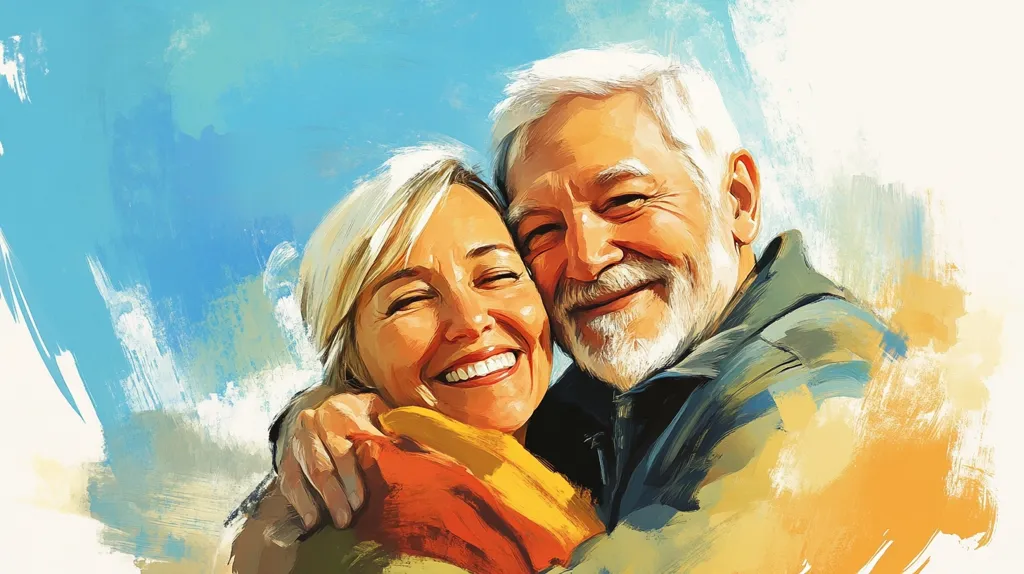 The image is a painting of an older couple. The woman is smiling brightly and her arm is around the man. The man has his arm around her waist and is smiling back. They are both looking at the camera with love in their eyes.  The background is a hazy blue and white sky. The painting is done in a style that is reminiscent of a watercolor painting. It is a heartwarming depiction of a loving couple.