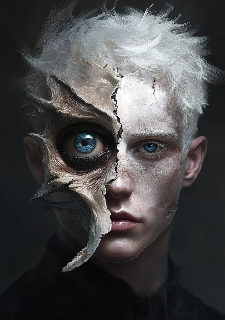 A young man with white hair is shown in the image.  His face is split in two, revealing a monstrous creature on one side. The creature has a large, grotesque eye and a gnarled, bony structure. The other side of the man's face is pale and smooth, with a haunting, vacant expression.  The image suggests a duality of nature, with both beauty and monstrosity residing within the subject.