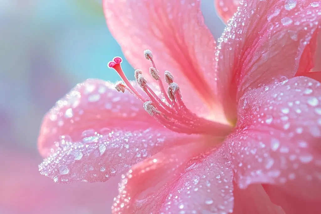 A close-up shot of a delicate pink flower with water droplets on its petals. The soft, light pink color of the petals and the glistening water droplets create a beautiful and delicate image. The flower's intricate structure, including the stamens, is visible.  The overall image is soft, ethereal, and beautiful.