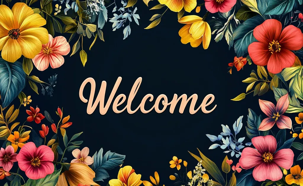 The image features a vibrant floral border surrounding the word "Welcome" in a soft peach color. The background is a deep navy blue. The flowers are a mix of reds, yellows, and pinks, creating a cheerful and inviting atmosphere.  The intricate details of the leaves and petals add to the overall beauty of the design.