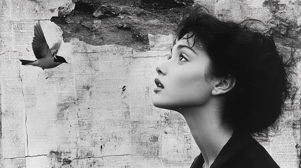The black and white photograph depicts a woman with her head tilted upwards, looking at a bird flying above her. The backdrop is a textured wall covered in a newspaper print.  The woman's expression is soft and contemplative, her gaze following the bird's flight. The image evokes a sense of quiet contemplation and a connection to nature.