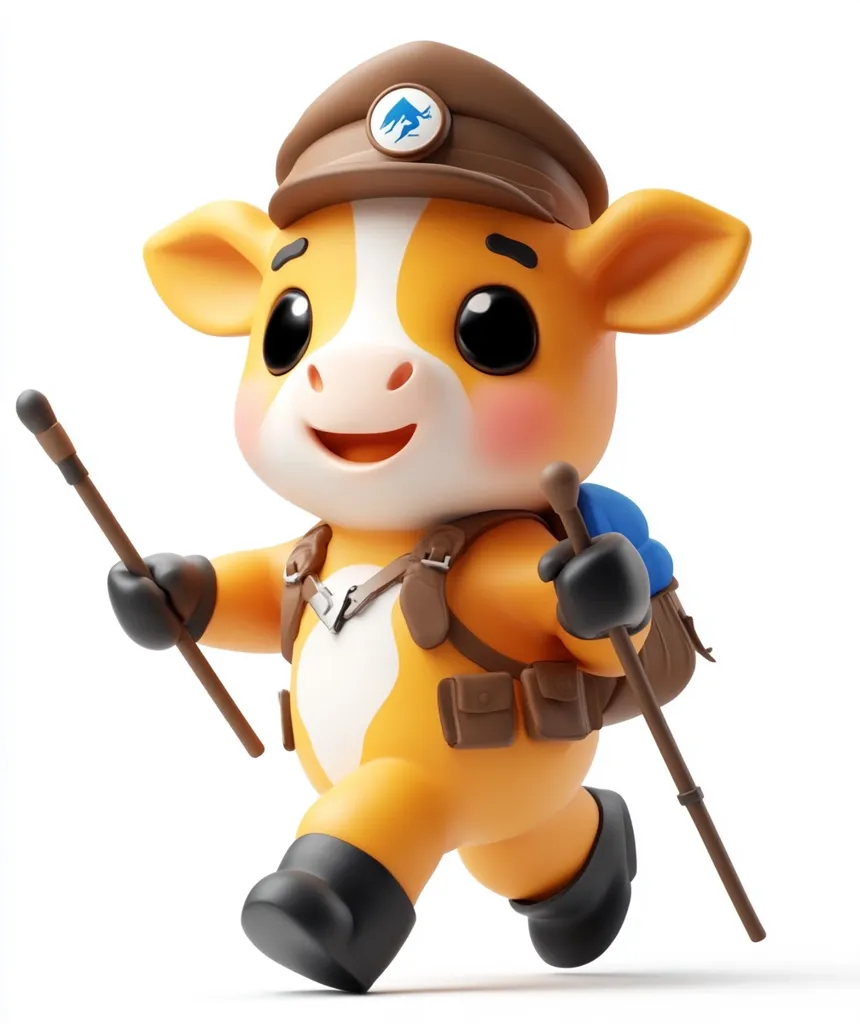 A cartoon cow with a brown hat, a blue backpack, and two hiking poles is walking forward with a big smile. The cow's fur is orange and white. The background is white. The image is a 3D rendering.