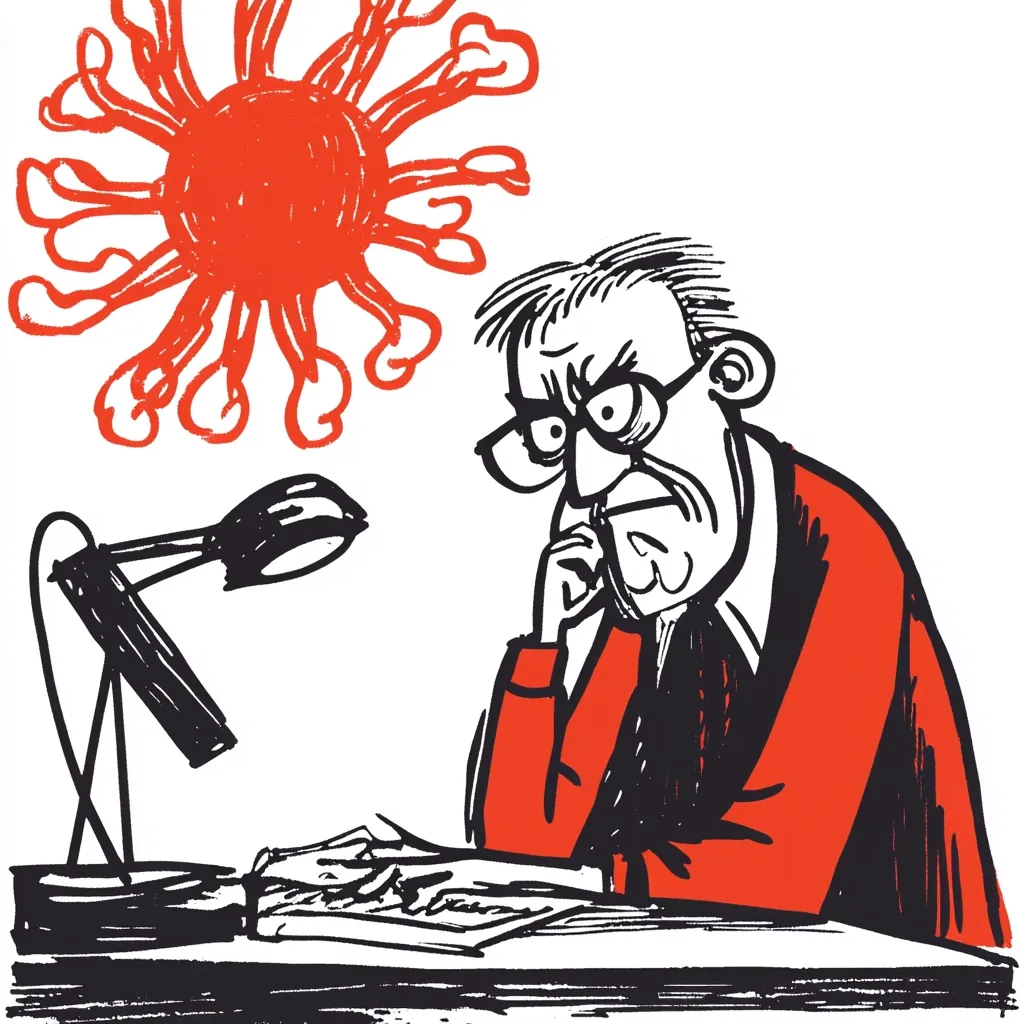 The cartoon depicts a man with a worried expression sitting at a desk under a lamp. He is looking down, deep in thought. Above him is a stylized image of a virus, with a red center and black arms. The man's furrowed brow, closed mouth, and hand on his chin suggest he is concerned about the virus. The image evokes a sense of anxiety and the weight of the ongoing pandemic.