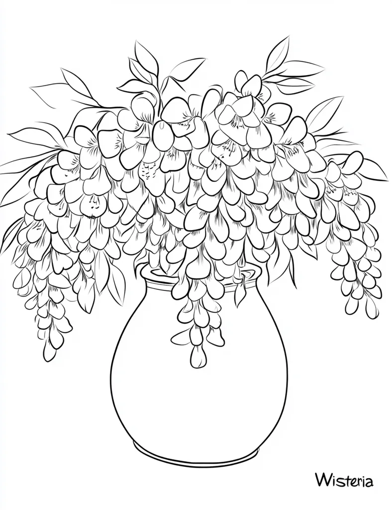 A line drawing of a vase filled with wisteria flowers. The flowers are depicted in a cascade of delicate, bell-shaped blossoms with slender stems and leaves. The vase is round and simple, serving as a backdrop for the vibrant floral display. The image is labeled "Wisteria" at the bottom.  The black and white style suggests a coloring book illustration, offering a blank canvas for artistic expression.