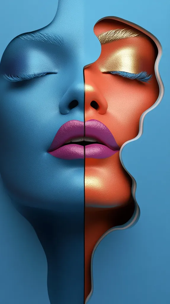 The image is a close-up of a woman's face, split down the middle.  The left side is painted a vibrant blue, while the right side is a warm orange.  Her eyes are closed, and her lips are painted a bold, bright purple.  The woman's face is framed by a blue background.  The image is a study in contrast and color.  The bold colors and sharp lines create a striking and abstract portrait.