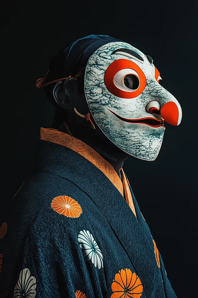 A person wearing a blue and orange patterned kimono is partially obscured by a large, colorful mask. The mask is white with blue and orange markings, and features a large, red nose. The person's head is tilted slightly, and they are looking off to the side. The background is dark, highlighting the mask and the person's attire.  The image evokes a sense of mystery and intrigue.