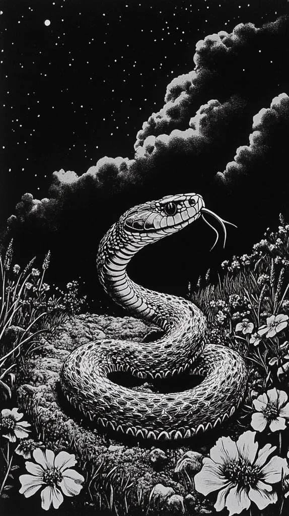 The image is a black and white illustration of a snake coiled on the ground. The snake is in the foreground and is surrounded by a field of flowers and a cloudy sky with stars.  The snake's scales are textured and detailed, creating a sense of realism. The image has a dark and mysterious tone, creating a sense of wonder and intrigue.