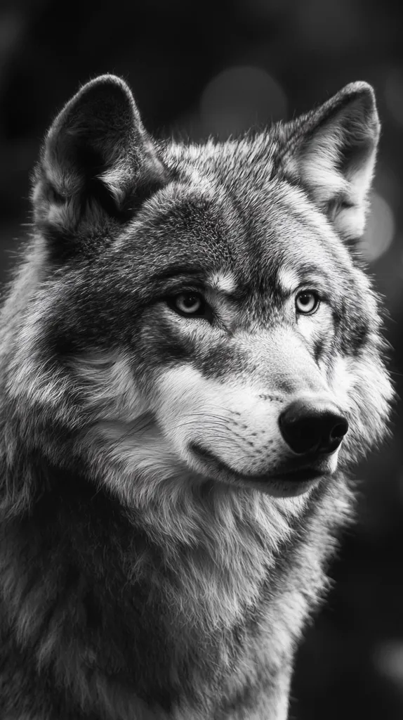 A close-up black and white portrait of a wolf. The wolf has a serious expression, with its eyes narrowed and its mouth slightly open. The image captures the wolf's fur in detail, showing its texture and the way it catches the light. The wolf's ears are perked up, and it appears to be alert and attentive. The background is blurred, drawing focus to the wolf.