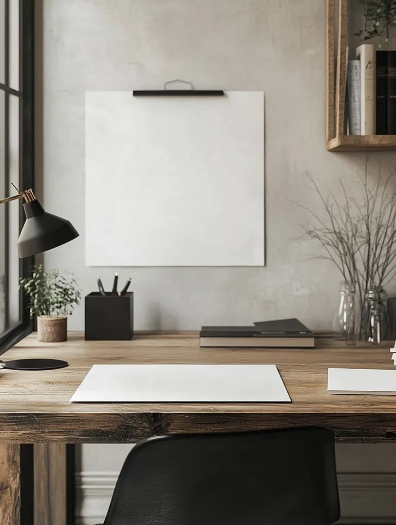 The image shows a minimalist home office with a wooden desk, a black chair, and a blank poster hanging on the wall. There is a black desk lamp, a white notebook, a stack of books, and a plant on the desk. The background wall is a light gray, and the overall style is simple and modern.