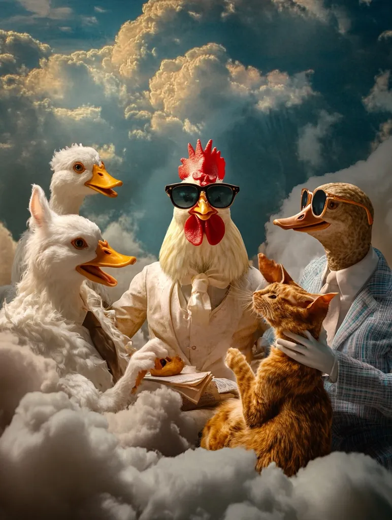 A rooster wearing sunglasses sits in a cloud with a ginger cat, two ducks and a book. The rooster wears a white suit and the ducks are in white feathers. The cat is on the rooster's lap and is looking at the viewer. The sky is filled with white clouds. The scene is humorous and surreal.