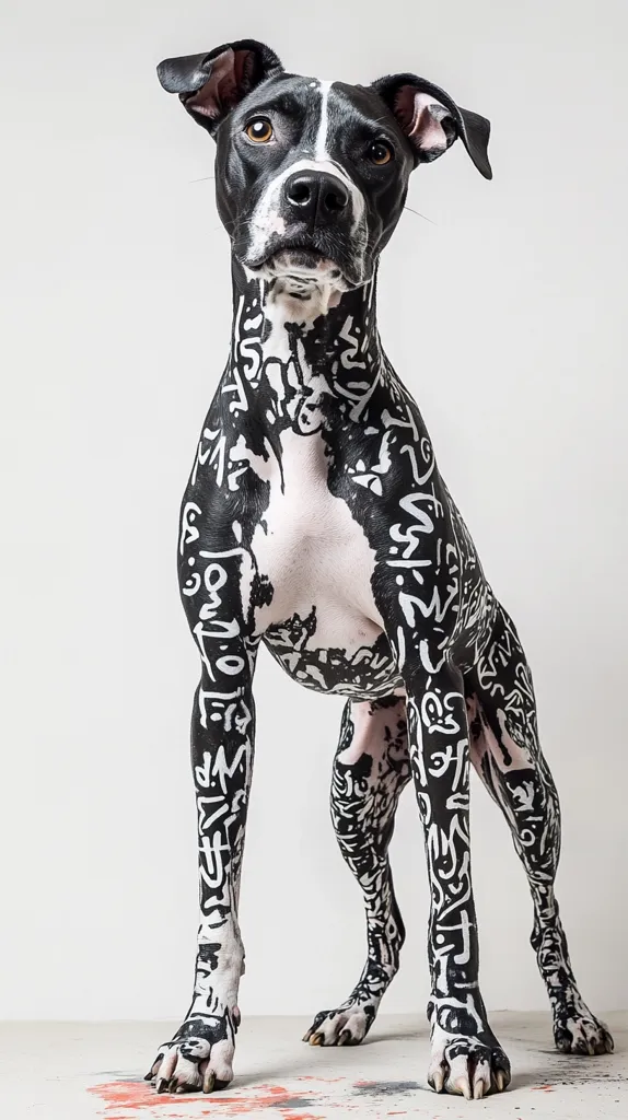 A black and white dog stands on a white background. It has been painted with black abstract designs all over its body. The dog has a curious expression on its face and its tail is tucked behind its legs. The dog's fur is short and sleek.  The image is a unique and artistic representation of a dog.