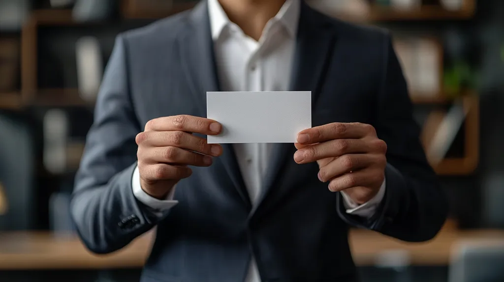 A man in a dark blue suit holds a blank white card in front of him, his hands outstretched. He is standing in an office setting, with shelves of books and other items visible in the background. The focus is on the blank card, creating a space for text or branding. The image suggests professionalism, formality, and a potential for communication.