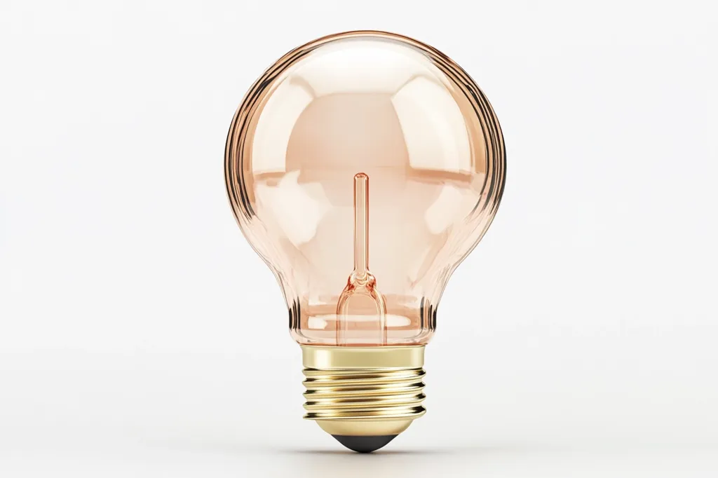 A single light bulb, with a clear glass bulb and a gold-colored base, sits in the center of a plain white background. The bulb is off and unlit, with a faint orange tint to the glass. The image is a simple and clean composition, with a focus on the light bulb as a symbol of ideas and creativity.