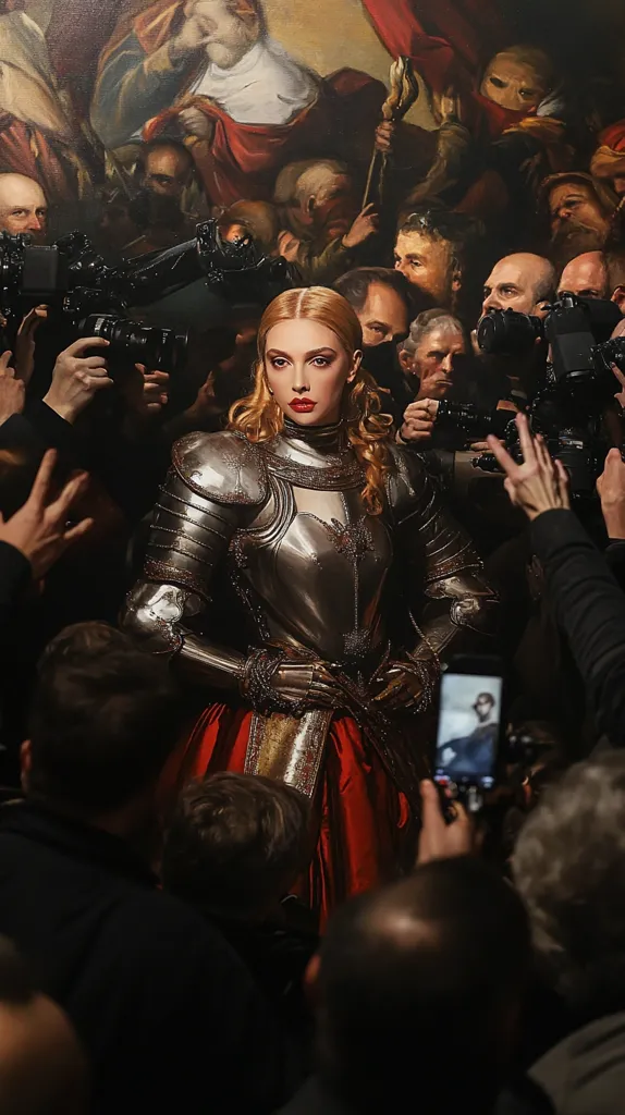 A woman in silver armor stands with a red skirt in front of a painting and a crowd of photographers. The woman has blonde hair and bright red lips. The photographers are surrounding her, capturing her image with their cameras and phones. The painting in the background is of a man in a red and gold robe. The woman looks determined and fierce.
