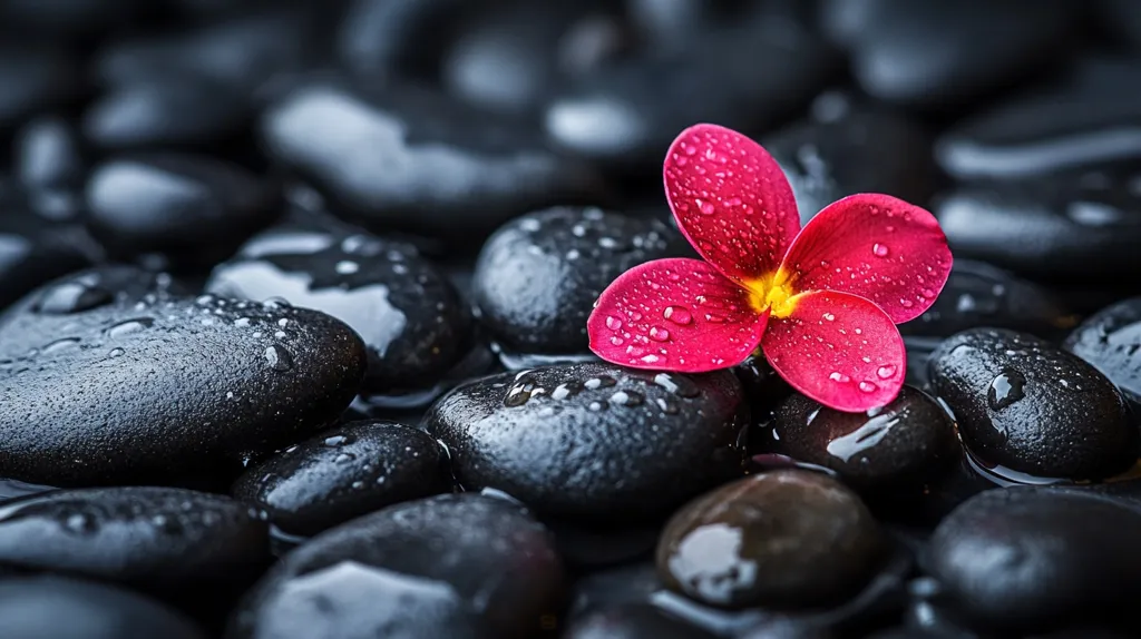 A single, vibrant pink flower with water droplets rests atop smooth, black stones. The stones are wet and glistening, creating a serene and tranquil scene. The contrast of colors and textures evokes a sense of peace and harmony, reminiscent of a spa setting.