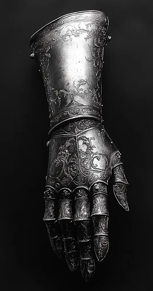 A detailed, intricately designed gauntlet made of metal. The gauntlet covers the entire hand and forearm, with intricate patterns and decorative elements covering the surface. The fingers are articulated and protected by individual metal segments, while the back of the hand is shielded by a solid plate. The gauntlet is a striking example of medieval craftsmanship and artistry.