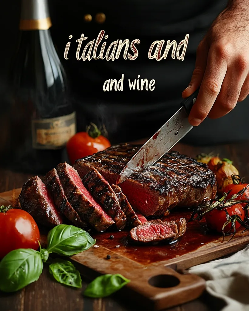 A hand slices a juicy, grilled steak on a wooden cutting board. The steak is surrounded by fresh basil leaves, cherry tomatoes and a bottle of champagne. The image is captioned "i Italians and and wine," suggesting a connection between Italian cuisine and wine. The scene is warm and inviting, evoking a sense of comfort and indulgence.