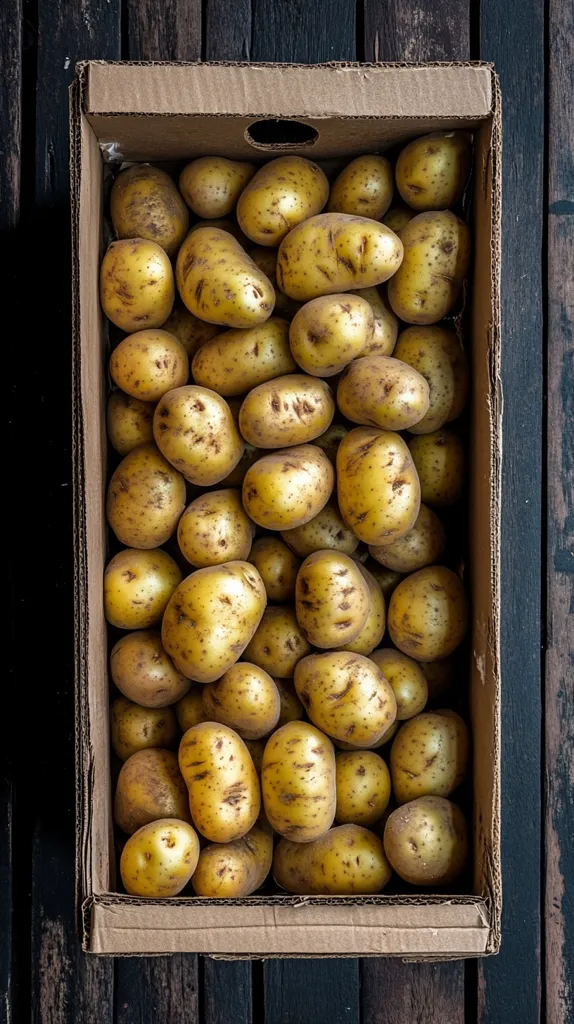 A cardboard box filled with yellow potatoes. The box is sitting on a wooden table. The potatoes are piled high in the box, and some are slightly overlapping. They appear to be ready to be cooked.  The box and table are both a darker brown color than the potatoes.  The lighting on the scene is slightly shadowed.