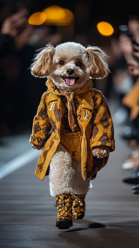 A small, white dog in a yellow and black patterned outfit walks down a runway. The dog is wearing a coat, pants, and boots, all with the same pattern. The dog has a big smile and is looking straight at the camera. There are people in the background, but they are out of focus. The dog looks confident and happy.