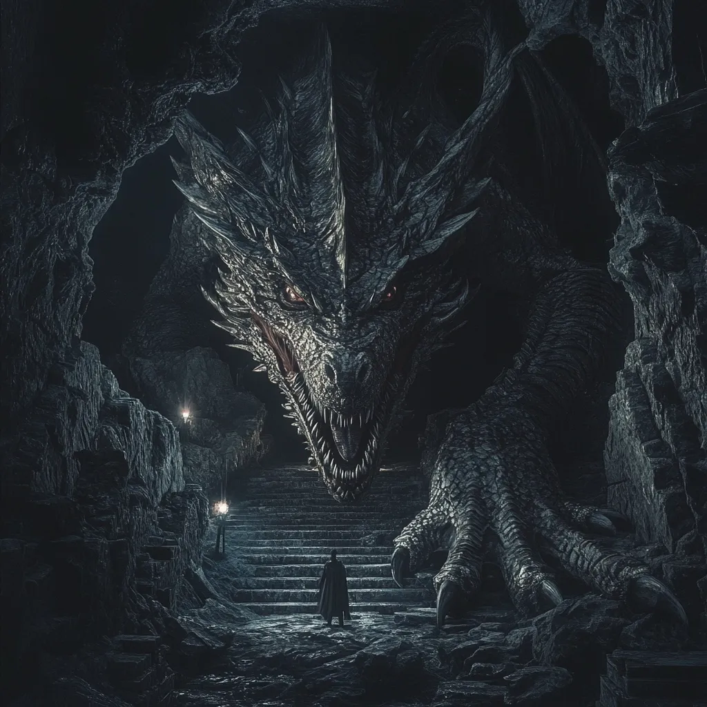 A menacing, black dragon with glowing red eyes looms over a lone figure standing on stone steps. The dragon's massive head and sharp teeth are in the foreground, filling the frame and creating a sense of overwhelming power and impending doom. The figure is dwarfed by the dragon's size, highlighting the danger they face. The scene is dark and mysterious, filled with shadows and a sense of dread.