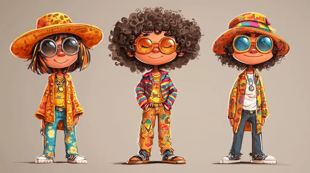 Three cartoon characters, all with curly hair and wearing large, round sunglasses, stand in a row. They are all dressed in colorful, patterned clothes and have wide smiles on their faces. The character on the left is wearing a yellow hat with a flower pattern and a long yellow shirt with a floral pattern. The character in the middle has curly brown hair and is wearing a rainbow striped shirt. The character on the right is wearing a colorful hat with a flower pattern and a long yellow shirt with a floral pattern. They are all wearing jeans.