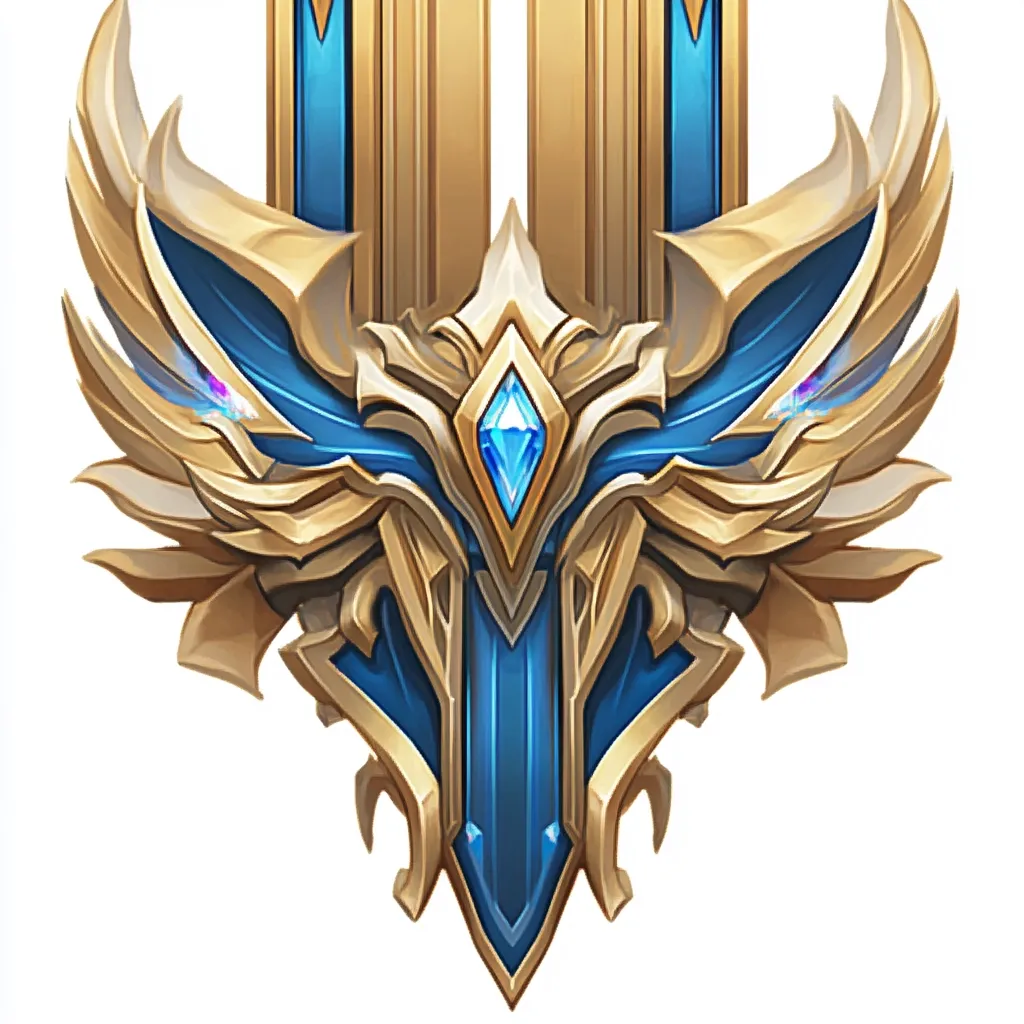 The image depicts a golden emblem with a blue center, adorned with intricate detailing and two wings. A large, blue diamond sits prominently at the center, surrounded by smaller blue gems. The emblem has a V-shaped design and is outlined in gold, making it appear both luxurious and powerful.