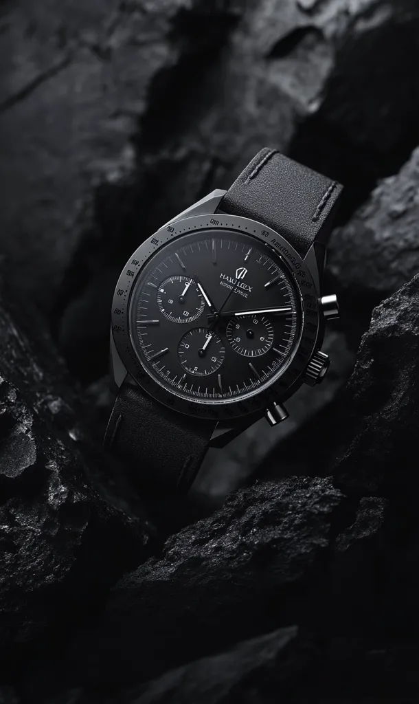 A black chronograph wristwatch with a black leather strap is placed on a bed of black rocks. The watch face is a classic design with three subdials, and the brand name "HAU LÖX" is written in white lettering at the top. The image is shot in a dark and moody style, highlighting the sleek and sophisticated design of the watch.