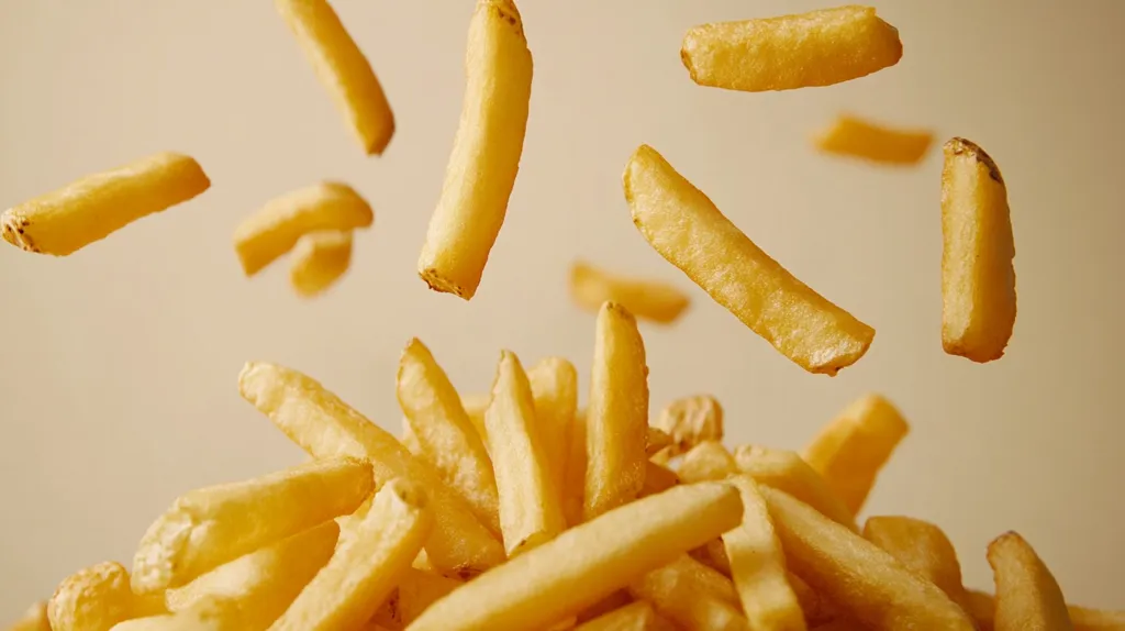 The image shows a pile of french fries with a few fries floating in the air, creating a dynamic and appetizing scene. The golden-brown fries are arranged in a heap, with some falling and others resting in a pile.  The image captures the essence of a delicious and satisfying snack.