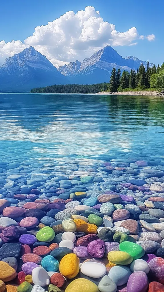 A picturesque scene of a serene lake with crystal-clear water. The lake is surrounded by a lush forest and majestic snow-capped mountains. The shallow water reveals a bed of colorful smooth pebbles, adding a vibrant touch to the idyllic landscape.  A fluffy cloud floats across a clear blue sky.
