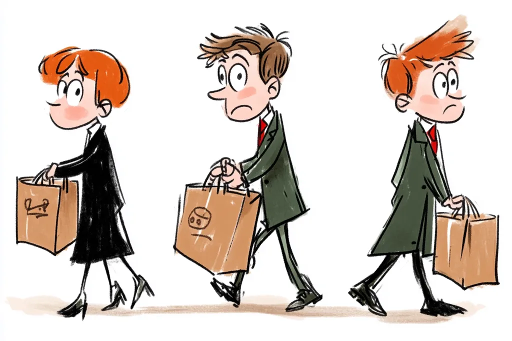 Three cartoon figures, all with red hair, are walking in a line, carrying brown paper bags. The figure in the middle is wearing a suit and looks serious. The figures on either side are wearing coats, one black and one green.  They all have worried expressions.  The drawing has a simple, childlike style.