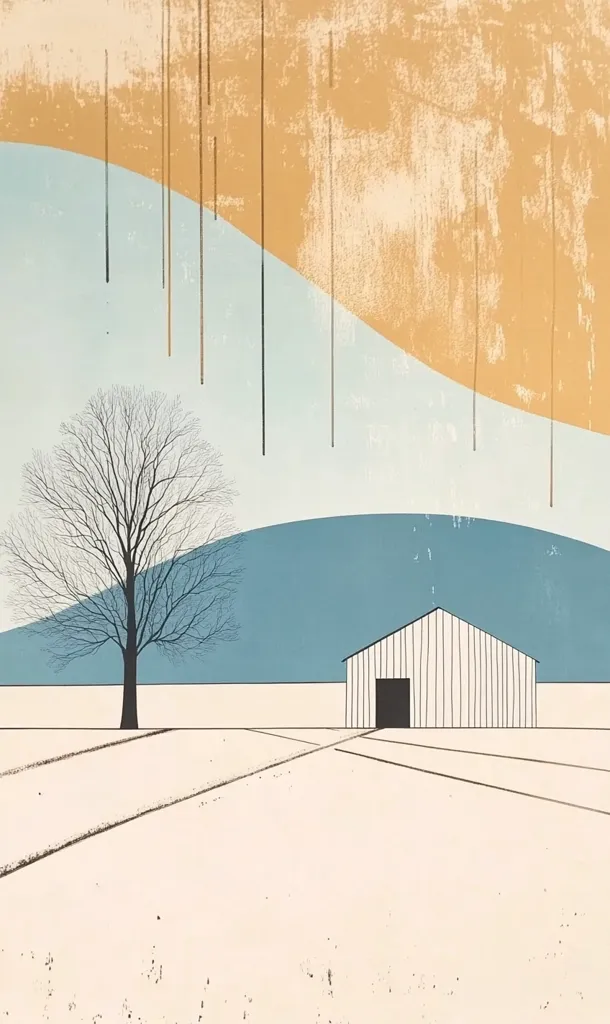 A minimalist landscape painting depicts a white barn in a snow-covered field. A single, bare tree stands tall near the front of the field. The sky is a muted blue and yellow, with vertical lines resembling raindrops falling from the sky. The scene is simple yet evocative, conveying a sense of peace and quiet.