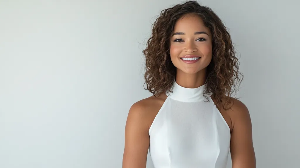 A young woman with long, curly brown hair smiles brightly at the camera. She is wearing a simple, white sleeveless top with a high neck. The background is a plain, white wall. The woman's expression is warm and inviting, suggesting confidence and positivity.