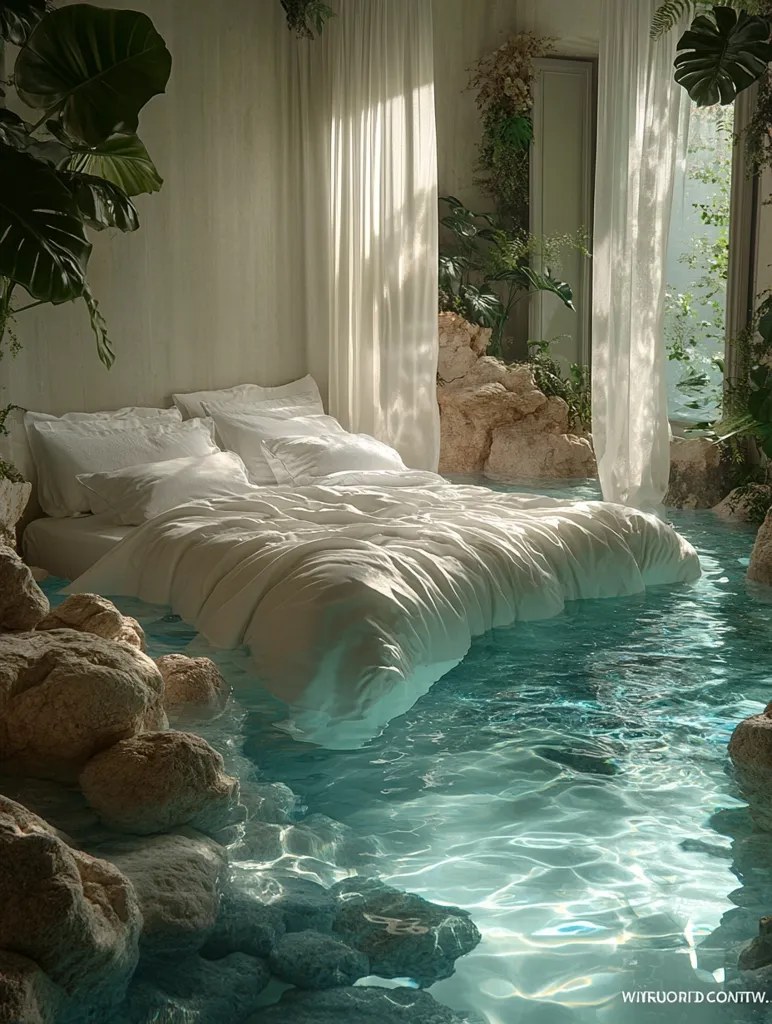 A white bed, complete with pillows and duvet, floats on a calm body of clear turquoise water. The bed sits within a room filled with plants and large rocks, creating a serene and tranquil atmosphere. Sunlight filters through sheer white curtains, casting soft shadows on the scene.  The image evokes a sense of peace and escape.