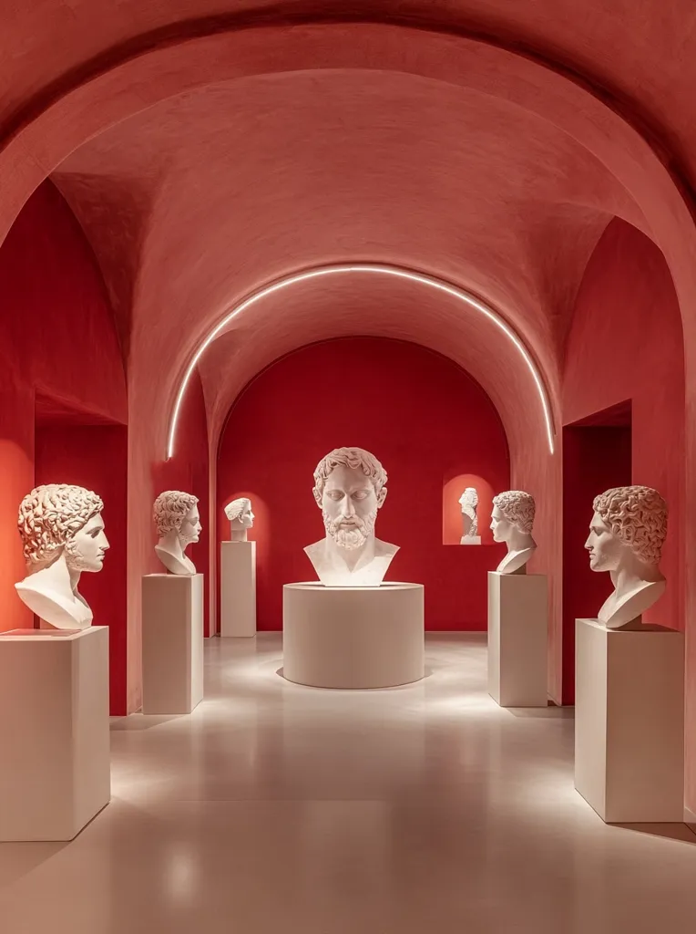 A row of white marble busts of men and women are displayed on white pedestals against a red wall. The room is lit by bright overhead lights and the floor is polished white. The busts are arranged in a symmetrical pattern, creating a sense of order and balance. The red walls and white busts create a striking contrast, drawing the viewer's eye to the sculptures. The room is reminiscent of a classical gallery or museum.