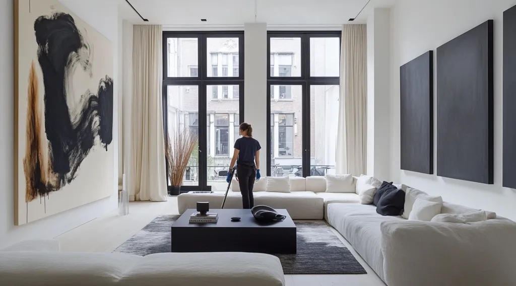 A spacious, modern living room with white walls and floors.  Large windows offer a view of the city, framed by sleek black trim. The room features a large white sectional sofa, a black coffee table, and an abstract painting on the wall. A woman in blue gloves stands near the window, perhaps preparing to clean. The minimalist aesthetic creates a sense of calm and sophistication.