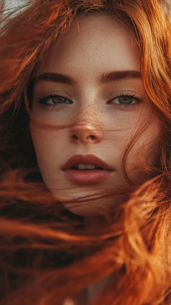 A close-up portrait of a young woman with long, flowing red hair. Her eyes are bright and her lips are slightly parted. The photo is taken from a low angle, and the woman's hair is flowing over her face, creating a soft and dreamy effect. Her freckles are visible, adding to her natural beauty. The lighting is warm and inviting, giving the image a romantic feel.