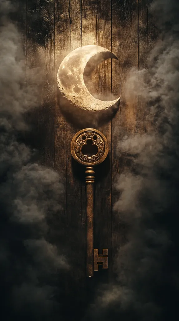 A large, ornate, golden key is lying on a wooden plank.  Above it is a crescent moon, its surface slightly lit by the light emanating from the key.  There is a misty haze surrounding the key and moon, giving the image an ethereal feel.