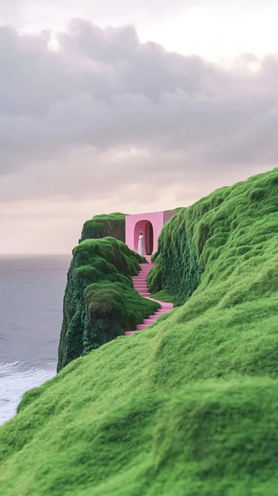 A pink archway stands atop a lush green cliff overlooking the ocean. A lone figure walks towards the archway, which is set into a pink structure. The cliff is covered in vibrant green grass, with the ocean waves crashing against the base. The sky is a soft, pale blue with wispy white clouds. The image evokes a sense of peace and tranquility.