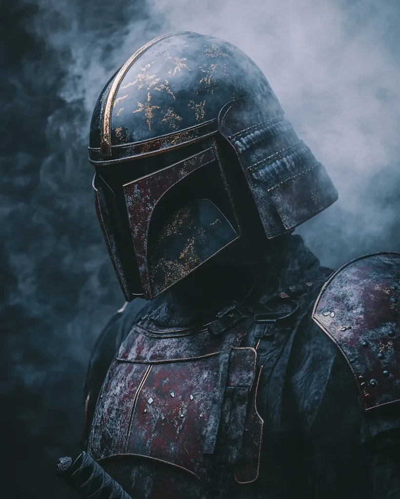 A warrior, clad in a dark, weathered armor with gold accents, stands shrouded in smoke. Their helmet, resembling a combination of a samurai and a Mandalorian design, is lowered, casting a shadow over their face. The armor's intricate details and the smoky background create a sense of mystery and power. The warrior's stance suggests a seasoned and ready combatant, poised for action.