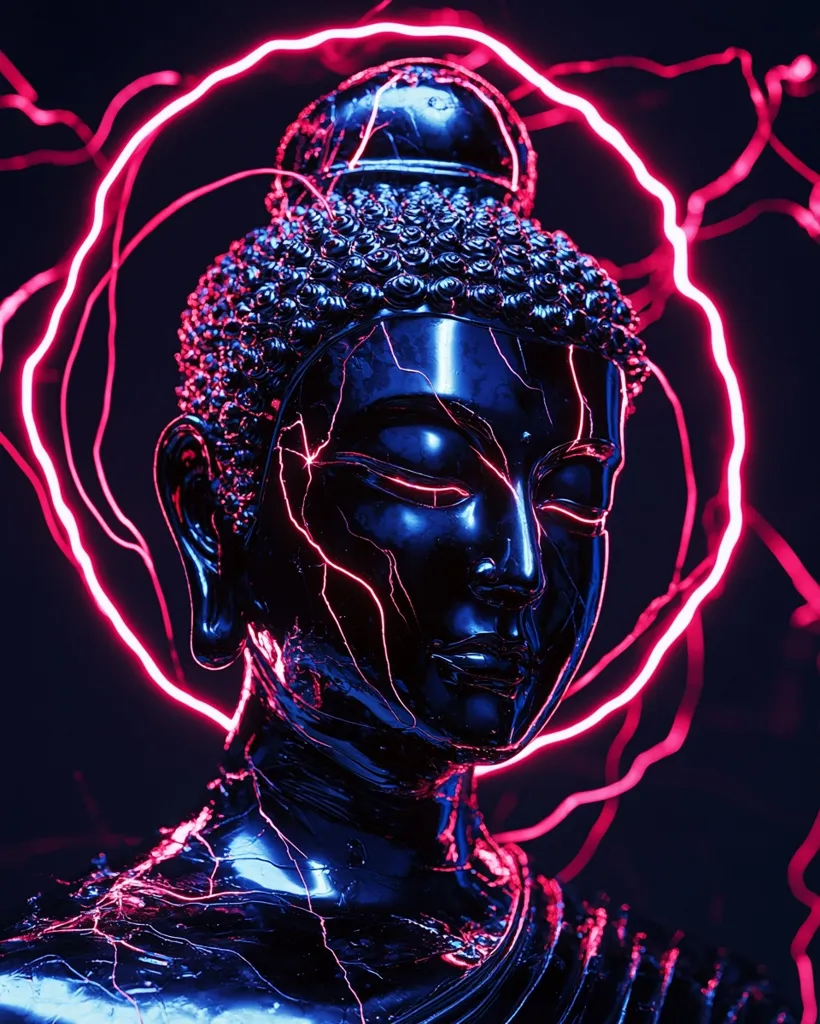 A close-up of a black Buddha statue with a glowing pink halo. The statue is smooth and reflective, and the halo is made up of thin lines of light that swirl and curve. The statue’s face is serene and calm, with eyes closed in meditation. The image evokes a sense of peace and tranquility.  The image could be interpreted as symbolizing enlightenment and inner peace.  The statue appears to be made of a dark, polished material with cracks throughout, possibly a metaphor for the challenges and imperfections of life, but a calmness radiating from the image.