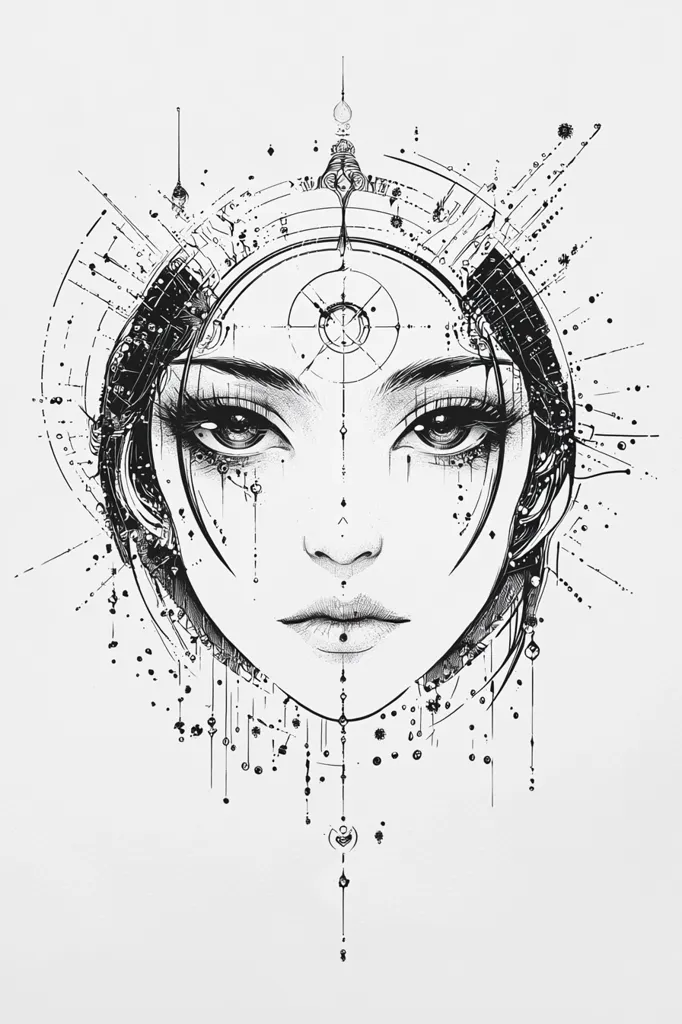 The image is a black and white illustration of a woman's face.  Her eyes are large and expressive, and her lips are slightly parted. Her face is framed by intricate geometric designs, and small dots and lines extend from her head and neck, creating a feeling of movement and energy.  The overall tone is one of mystery and intrigue.  The woman's gaze is both alluring and slightly distant, as if she is lost in her own thoughts.