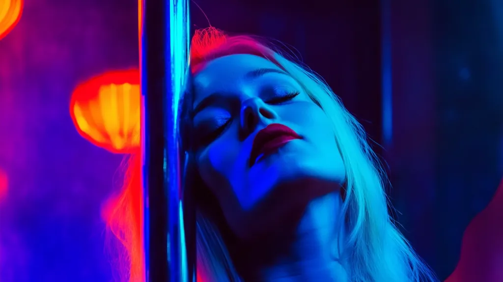 A woman with long blonde hair leans against a pole, her eyes closed and lips painted a vibrant red. The scene is bathed in a neon glow, creating a striking contrast between the blue and red hues. The woman's face is illuminated, showcasing her delicate features and highlighting the intensity of the moment.  The image evokes a sense of mystery and allure.