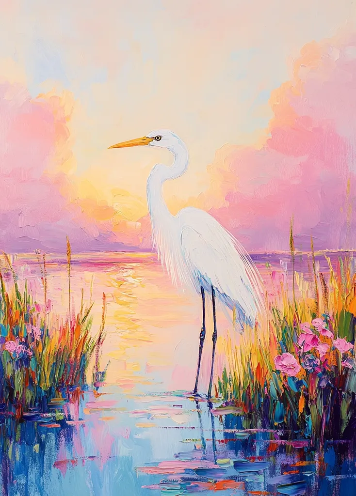 A white egret stands in a shallow body of water, its reflection shimmering in the blue and pink water. Lush reeds and vibrant pink flowers grow along the water's edge. The sky above is a pastel blend of pink, purple, and yellow, hinting at a beautiful sunset. The painting's colorful brushstrokes and dreamy atmosphere evoke a sense of tranquility and serenity.