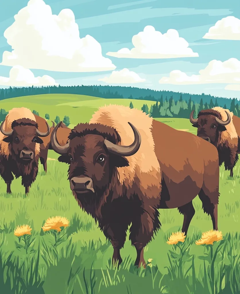 Three bison stand in a grassy field under a bright blue sky with white clouds. The bison are brown with shaggy fur, and one is larger than the others. The background features a line of green trees and a rolling, green field. The scene is peaceful and serene.