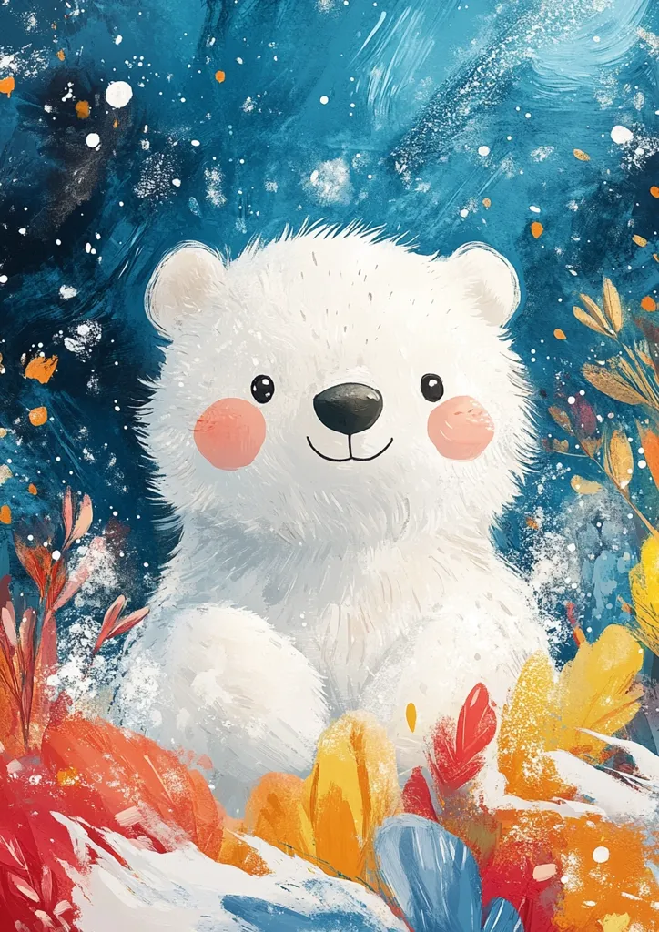 A cute white polar bear with rosy cheeks and a sweet smile sits amongst colorful flowers, with a backdrop of a blue, snowy sky. The painting is rendered in a soft, whimsical style with loose brushstrokes and textures.