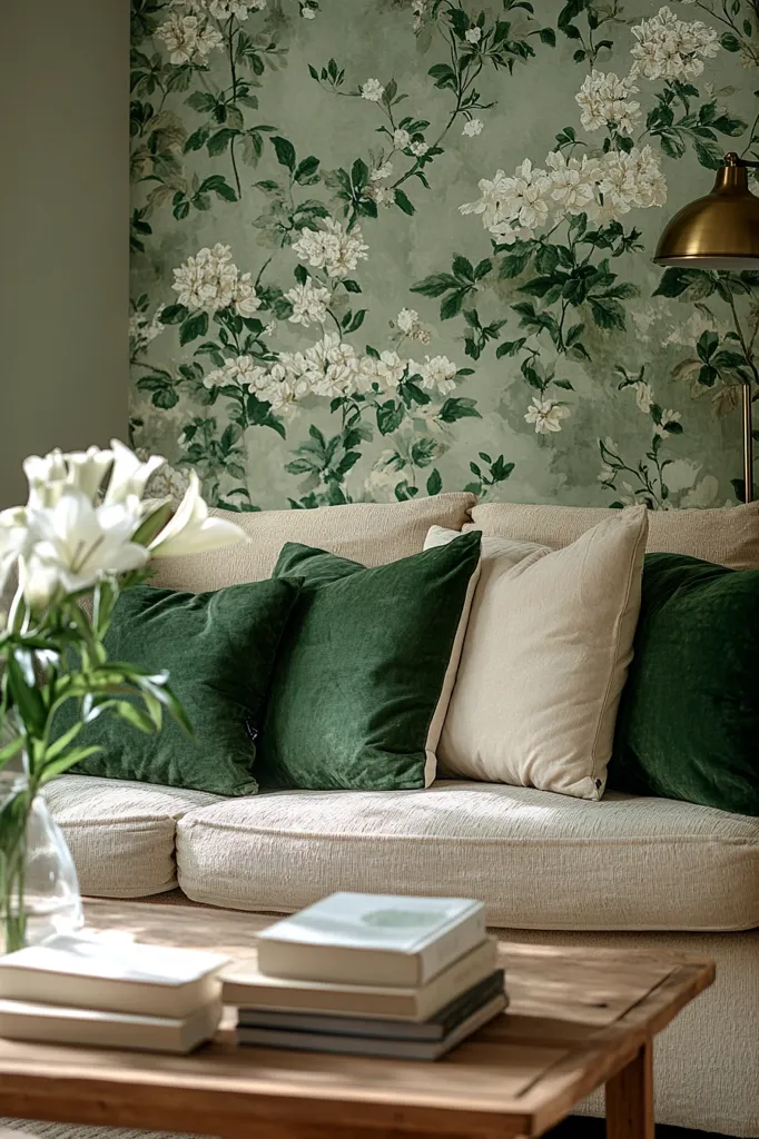 A white couch with plush, green velvet pillows sits in front of a wall covered in green and white floral wallpaper. A stack of books rest on a wooden coffee table in front of the couch. A bouquet of white lilies stands in a glass vase on the coffee table. Sunlight streams through the window, casting a warm glow on the room.